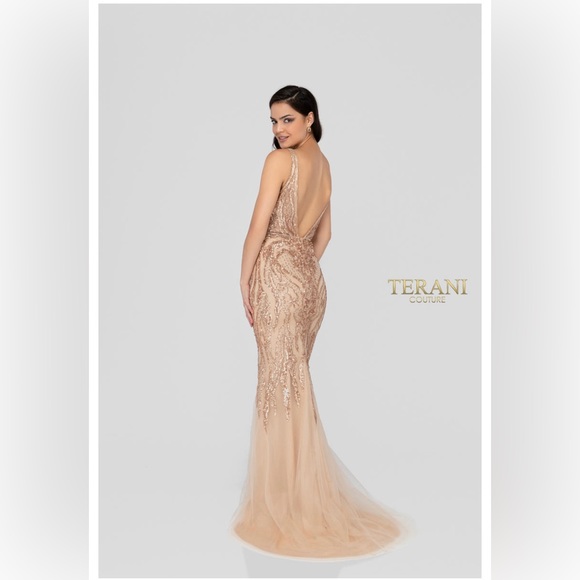Sequin Prom Gown by Glamour by Terani Couture Rose Gold Dress NWT - Picture 1 of 4